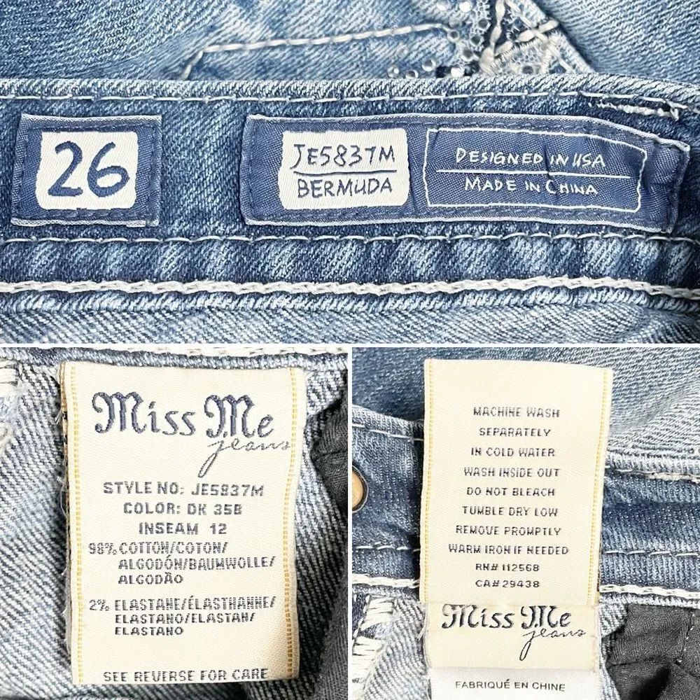 Miss Me Bermuda Shorts Size 26 Embellished Cross Pockets Stretch Denim JE5837M